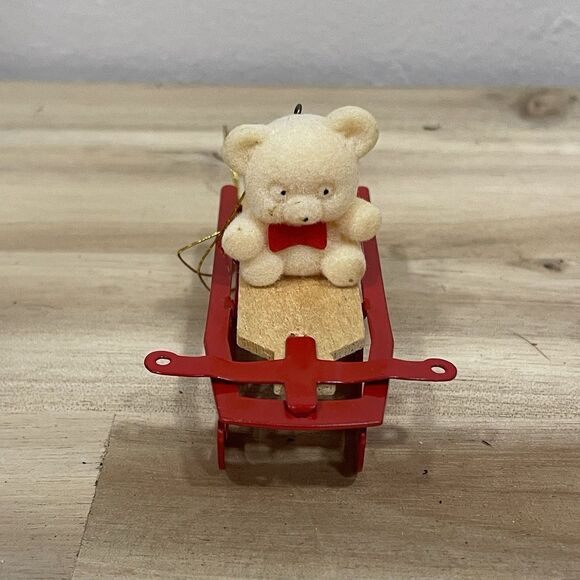 Vintage 1980's Avon White Teddy Bear on Red Metal Sleigh Christmas Ornament - Picture 1 of 6